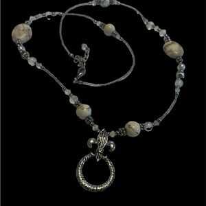 Natural Stone & Glass Bead Silver-tone Necklace with Fleur de Lis pendant